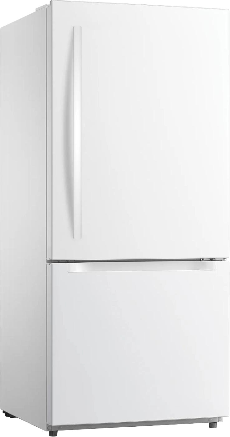 White standard-depth refrigerator with a bottom freezer drawer and vertical handle, featured in Refrigerators and Kitchen & Kitchenware collections.
