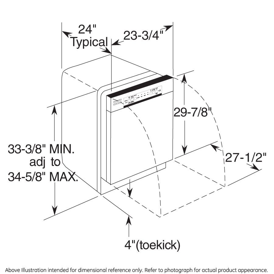 Line drawing of GE dishwasher with front controls showing installation dimensions and clearances for kitchen planning.