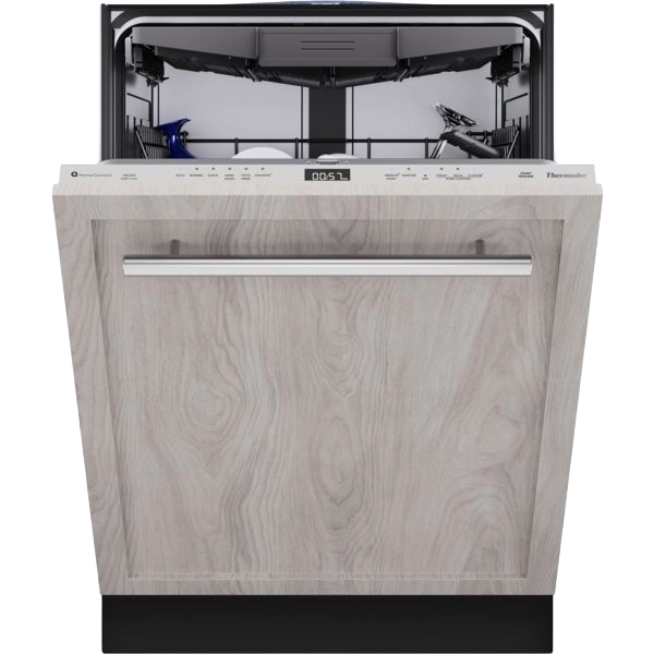 Open dishwasher with 24-inch custom panel ready front and stainless steel handle from Thermador appliances collection