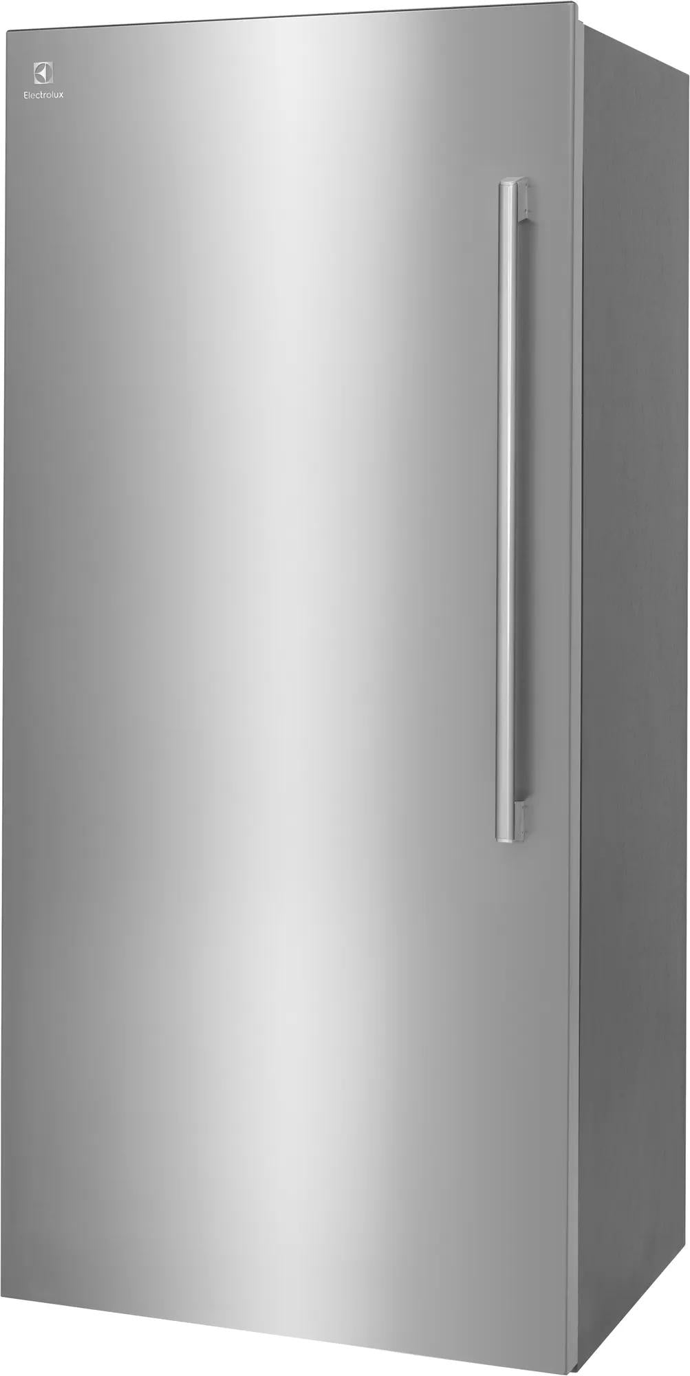 Tall stainless steel single-door freezer with sleek vertical handle from Appliances and Freezers collections