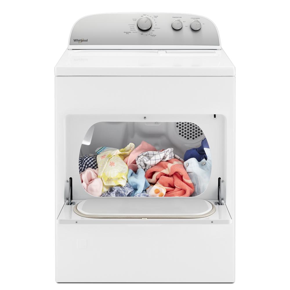 White top load gas dryer open with colorful clothes inside, featuring control knobs on gray panel in appliance setting