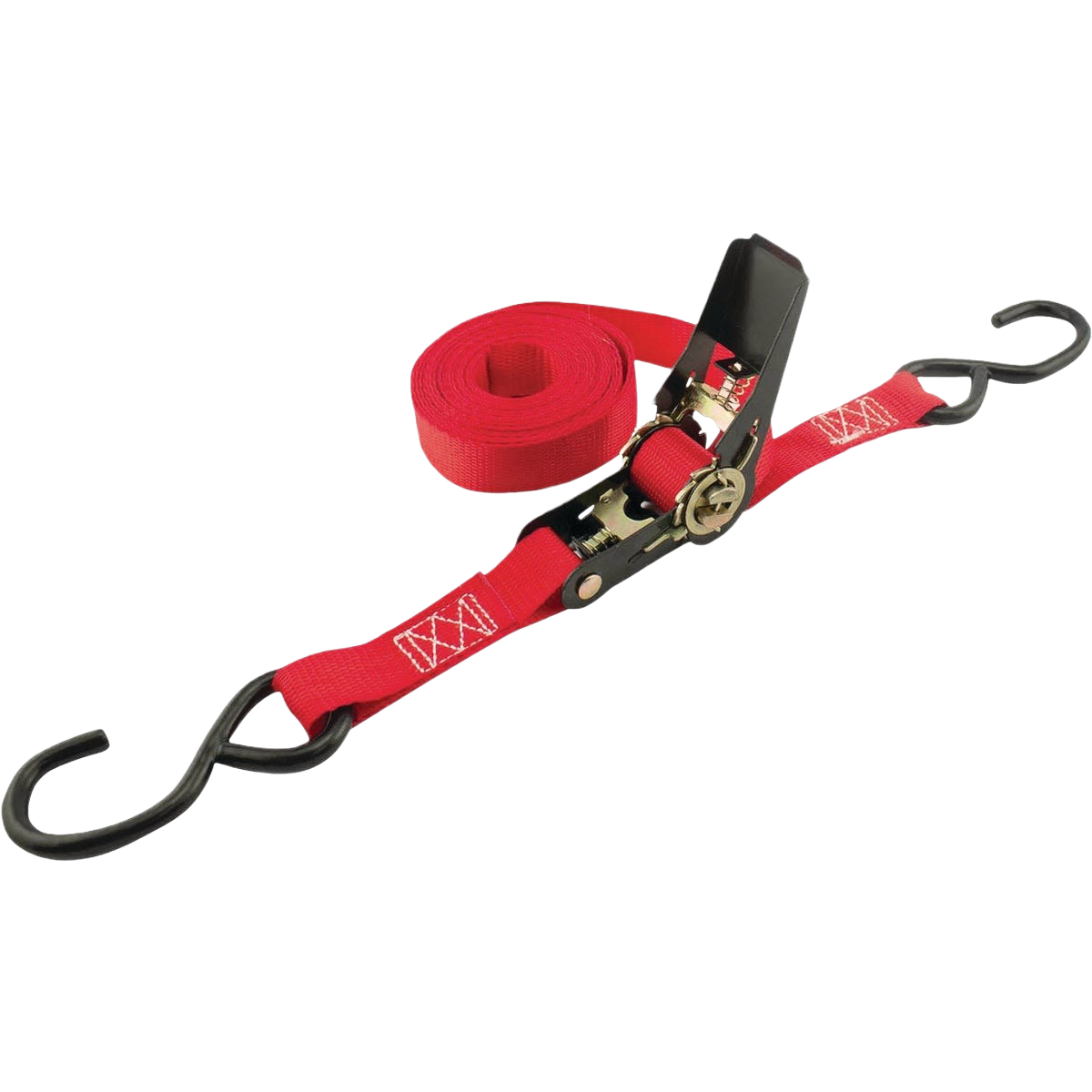 Red light-duty ratchet strap with black metal hooks and a steel locking mechanism for tools and home improvement use