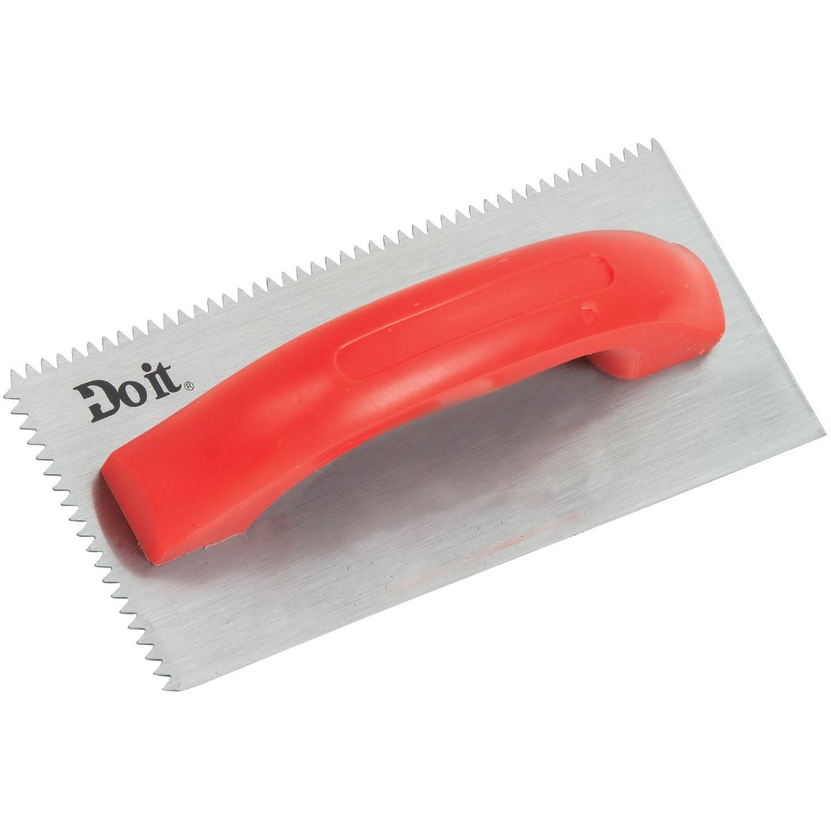 Metal notched trowel with red plastic handle for spreading adhesives and mortar in home improvement projects
