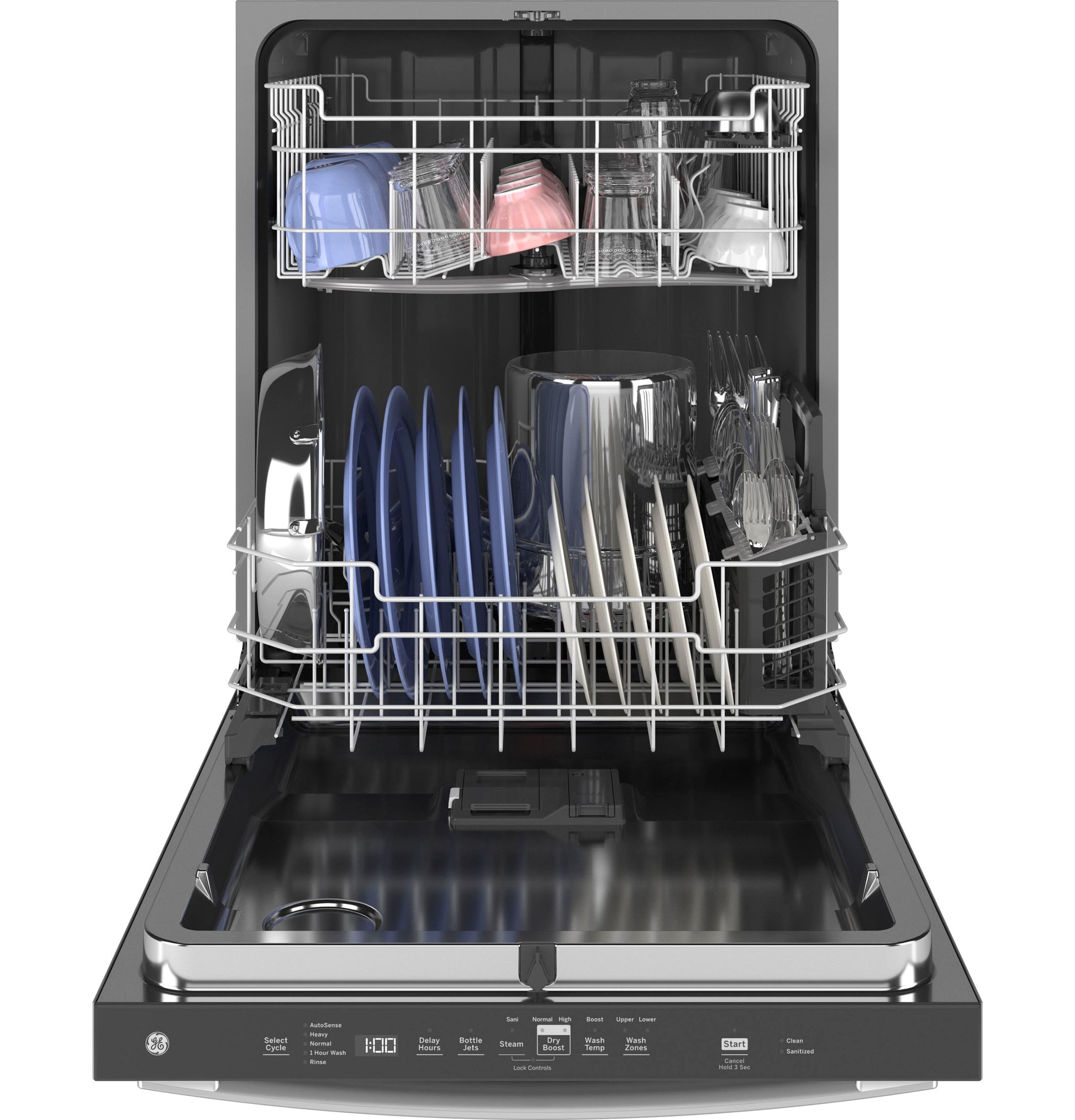 Open top control dishwasher loaded with plates, bowls, and utensils in kitchen appliances and dishwashers collection