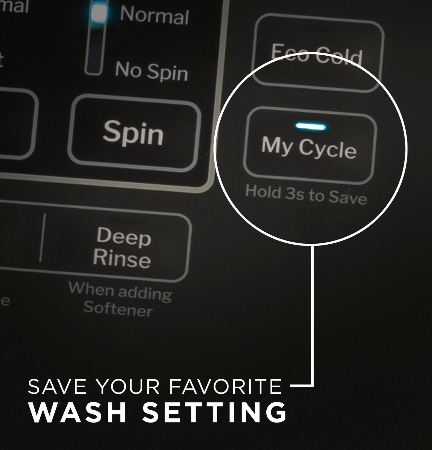 Close-up of washer control panel highlighting customizable "My Cycle" button with digital display in top load washers collection