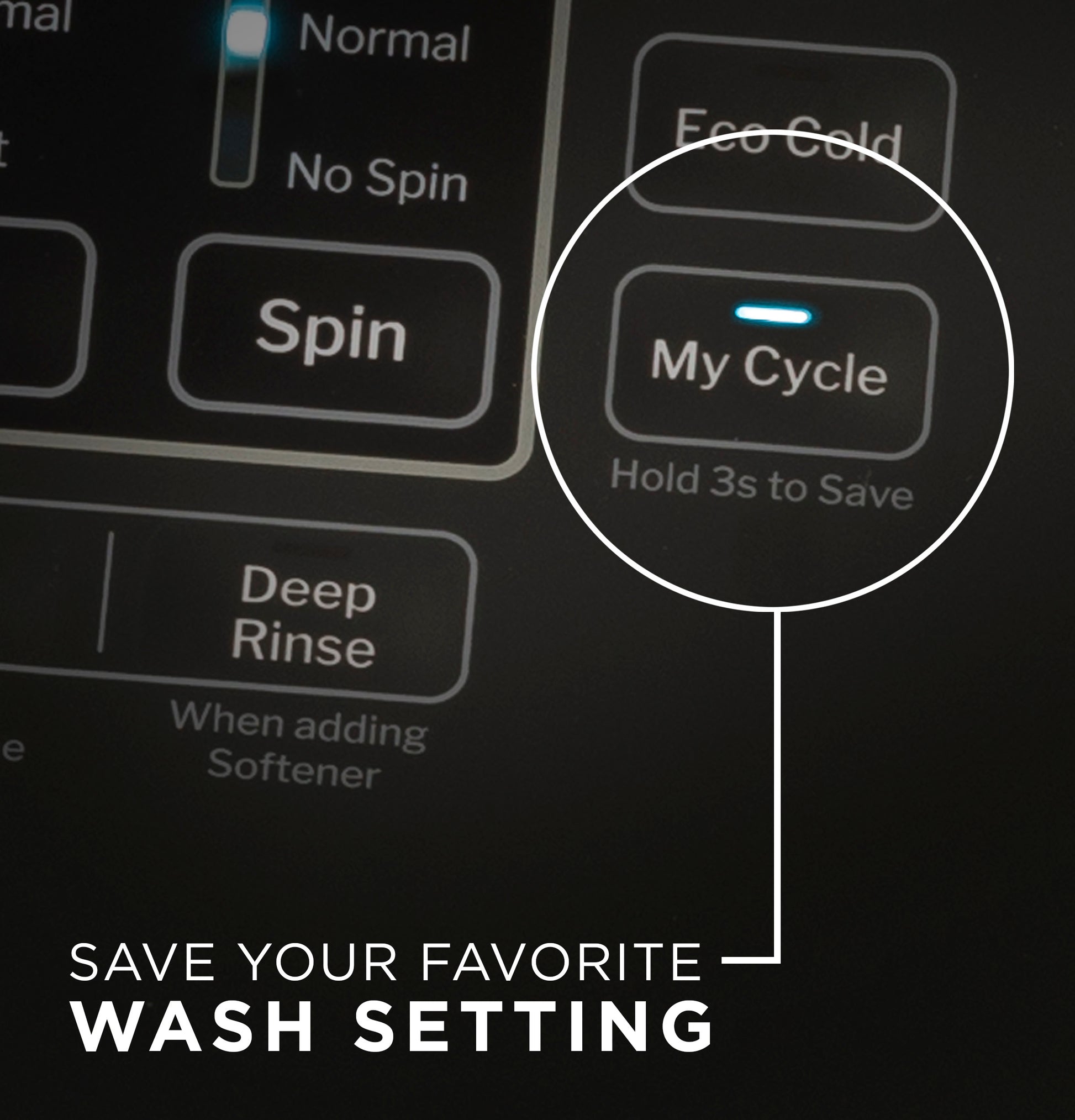 Close-up of washer control panel highlighting customizable "My Cycle" button with digital display in top load washers collection