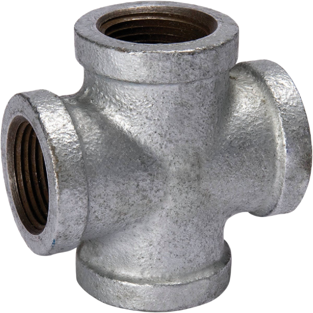 Galvanized iron pipe cross fitting with threaded openings for plumbing and galvanized pipe connections under $50