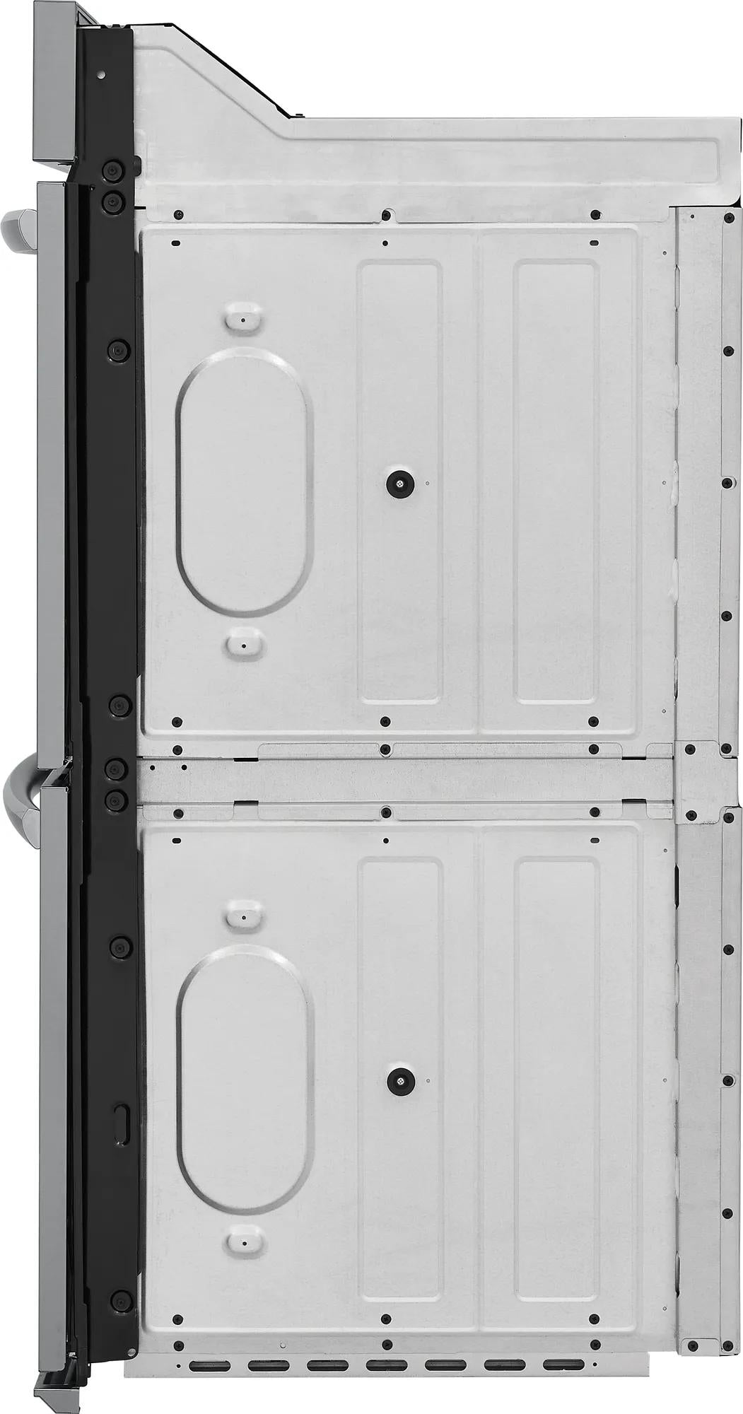 Side view of stainless steel double electric wall oven unit showing metal paneling and structural components in appliances collection