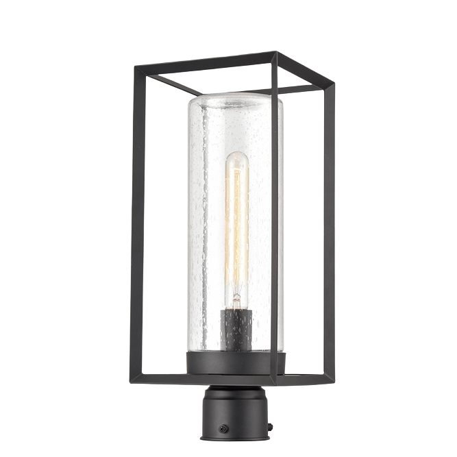 Black outdoor post lantern with clear seeded glass and powder-coated finish for outdoor lighting collections
