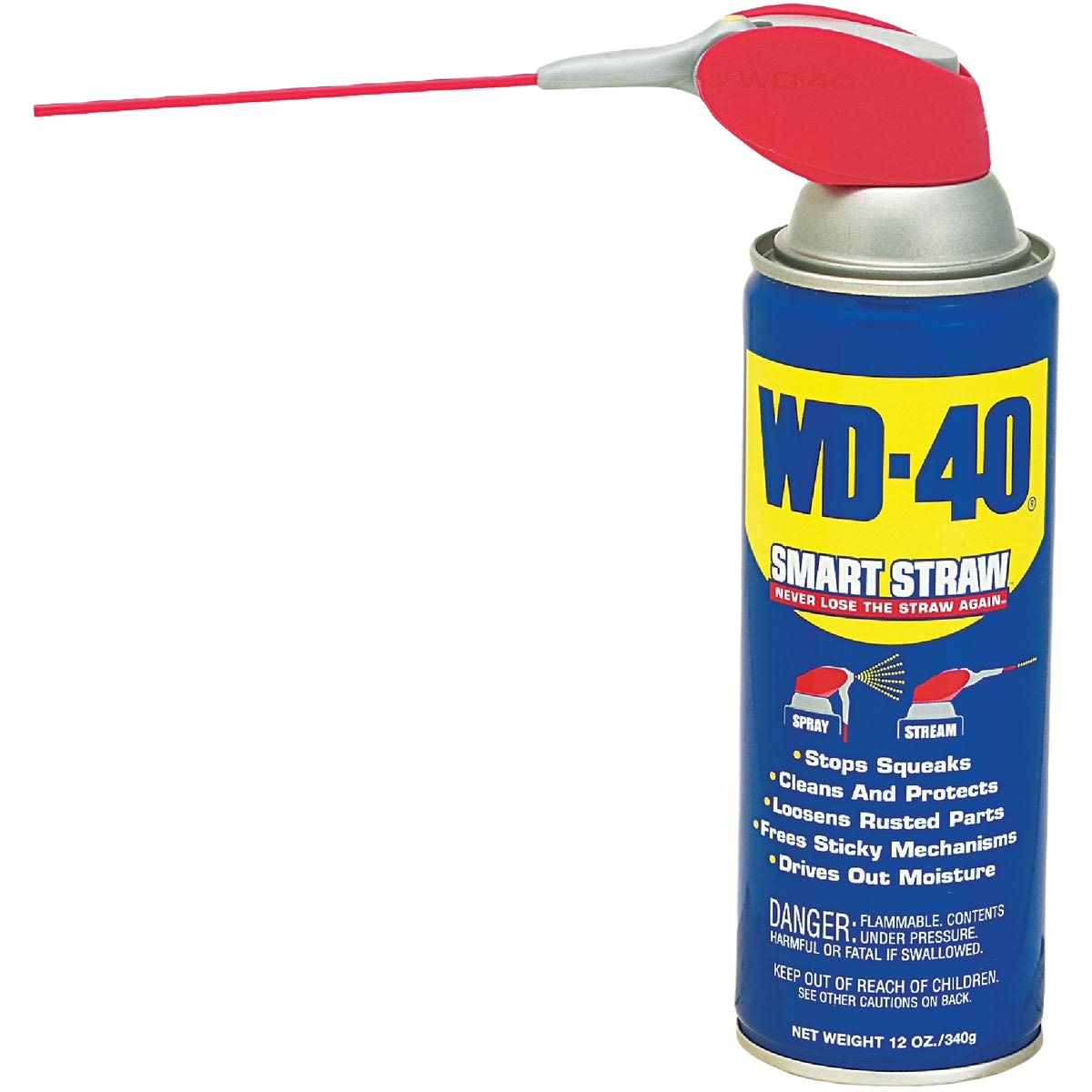 Blue can of WD-40 lubricant with attached red Smart Straw for precise application in tools and home improvement tasks