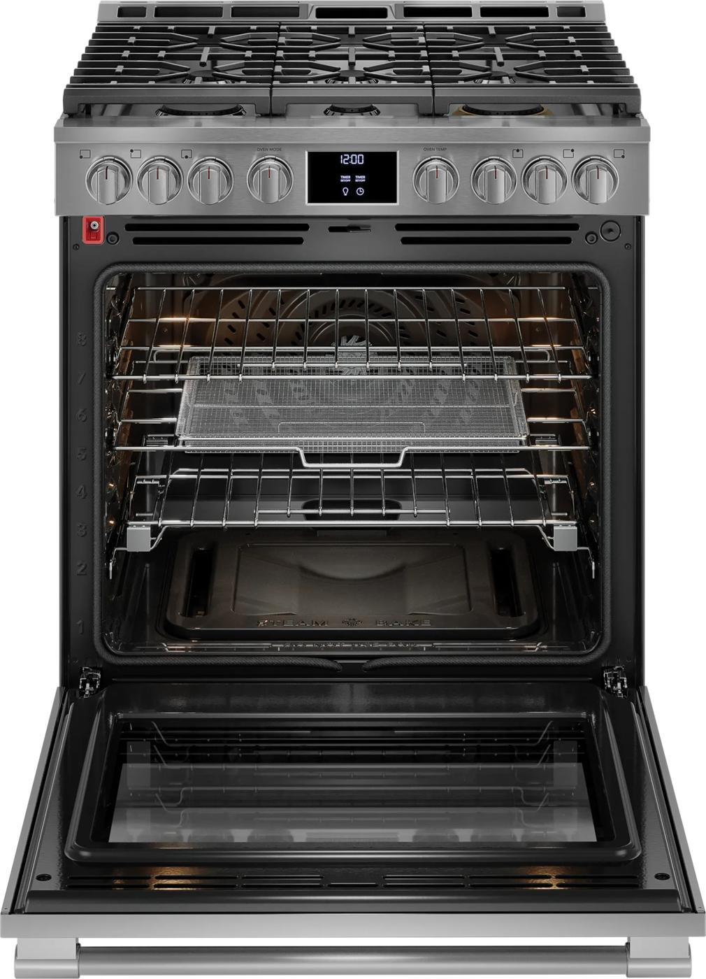 Open stainless steel 30" gas range showing oven racks with air fry tray and digital control panel in Ranges collection