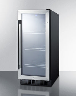 Narrow built-in beverage center with tinted glass door, stainless steel frame, and multiple wire shelves for kitchen appliances collection
