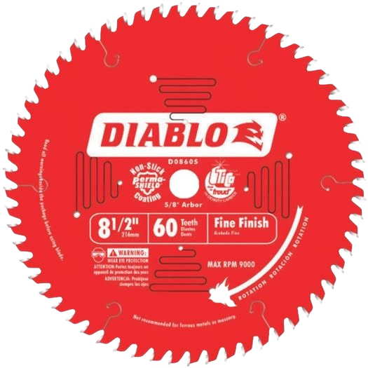 Red circular finishing saw blade with 60 carbide teeth for woodworking and power tool accessories.