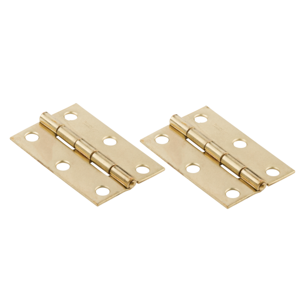 Two 2-1/2 inch brass tight-pin narrow hinges with six mounting holes each for door hardware and home improvement projects under $50