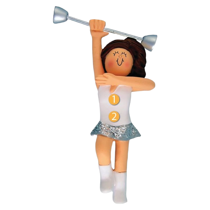 Personalized brunette female baton twirler ornament with silver skirt, festive Christmas decoration under 50 dollars