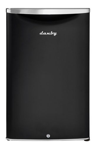 Compact black mini refrigerator with retro curved door design and metallic accents in refrigerators and kitchen appliances collection