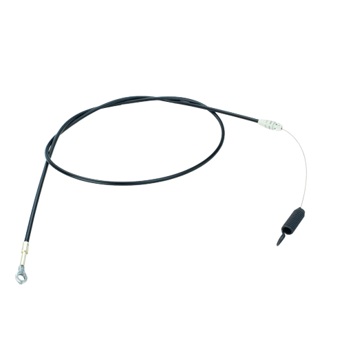 Black traction cable with metal end fittings and plastic spring for tools and home improvement projects