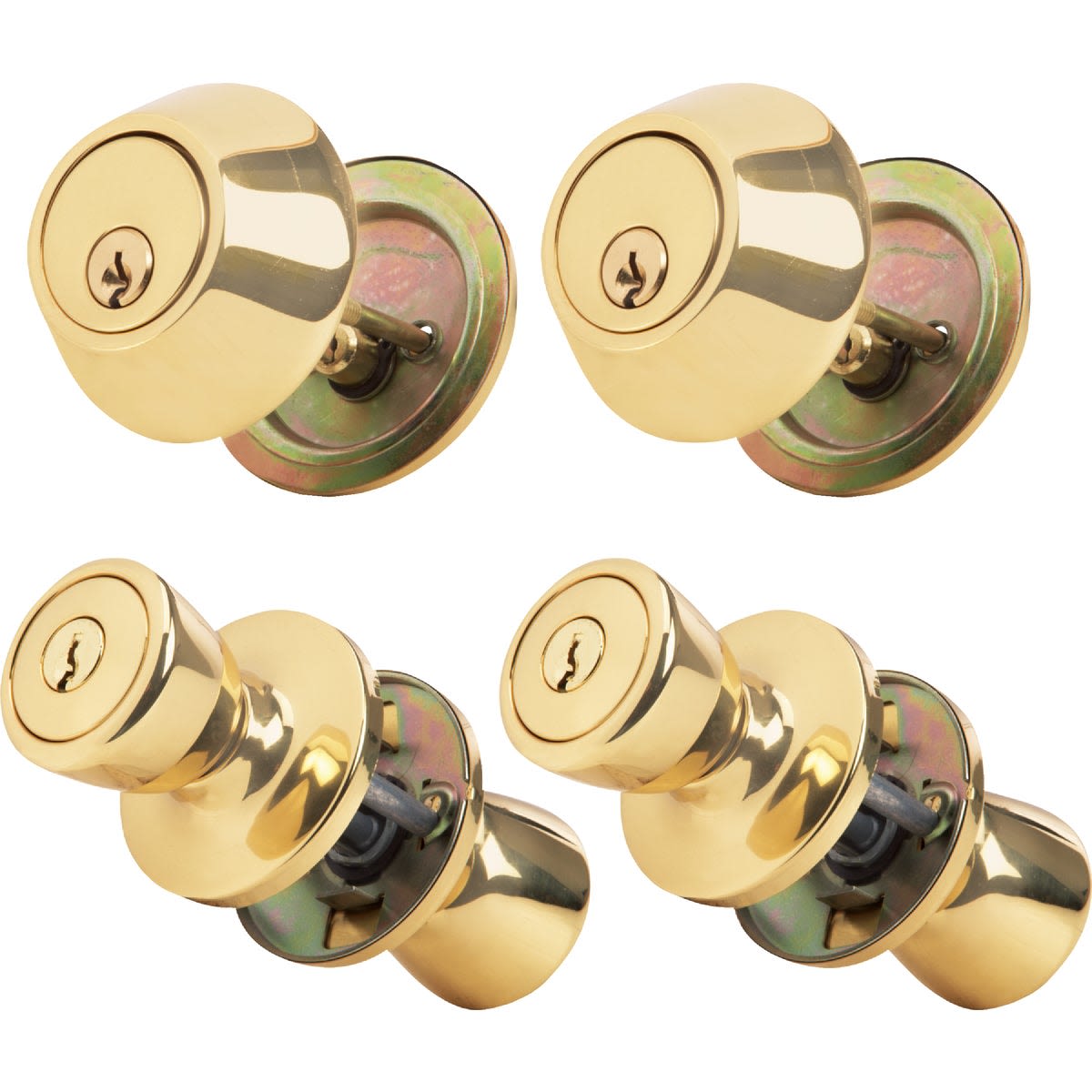 Set of polished brass tulip style entry door knobs and matching single cylinder deadbolts for home improvement projects