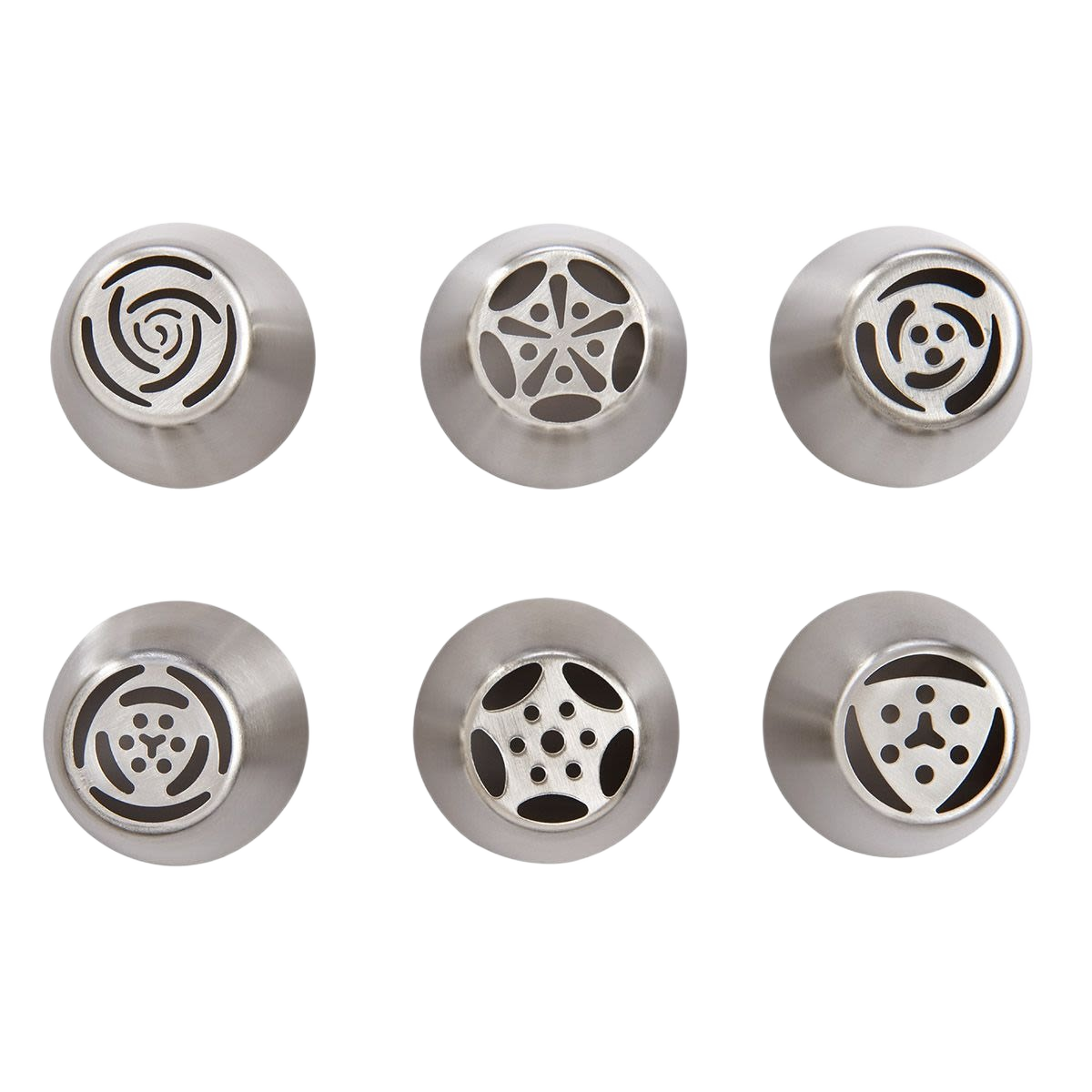 Set of six stainless steel pastry decorating tips with intricate cutouts for baking and kitchenware under $50 collections