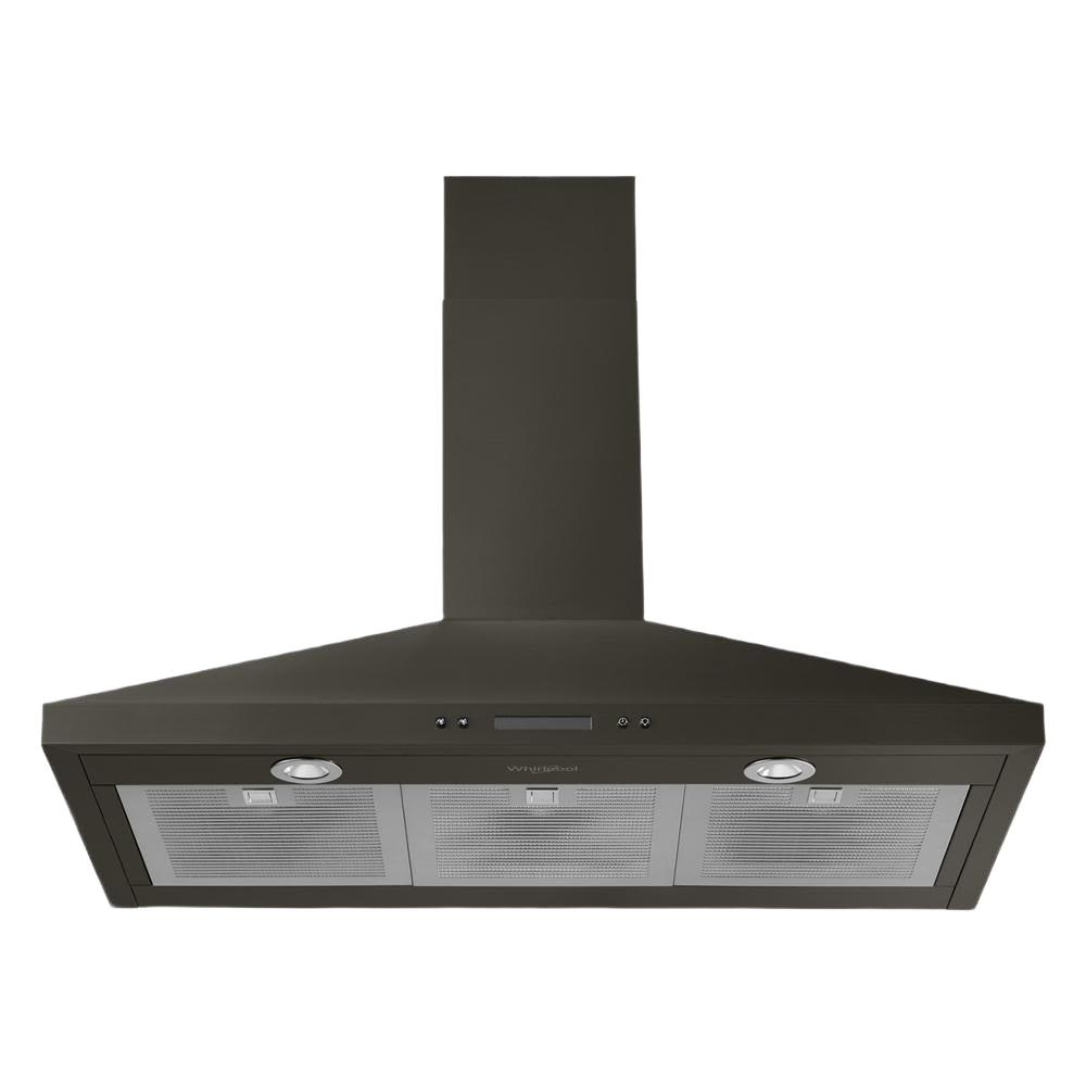 36-inch black chimney wall mount range hood with LED lights and dishwasher-safe grease filters for kitchen appliances