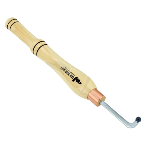 Woodworking tool with polished wooden handle and metal 90-degree curved cutter for hollowing small craft projects