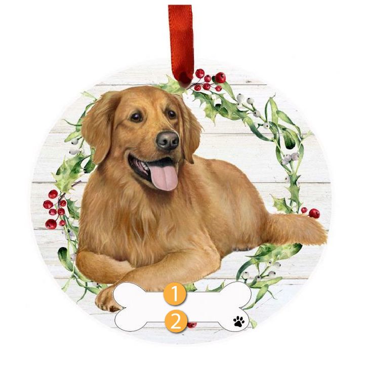 Round ornament with a golden retriever illustration, festive holly wreath, and blank bone nameplate on white background