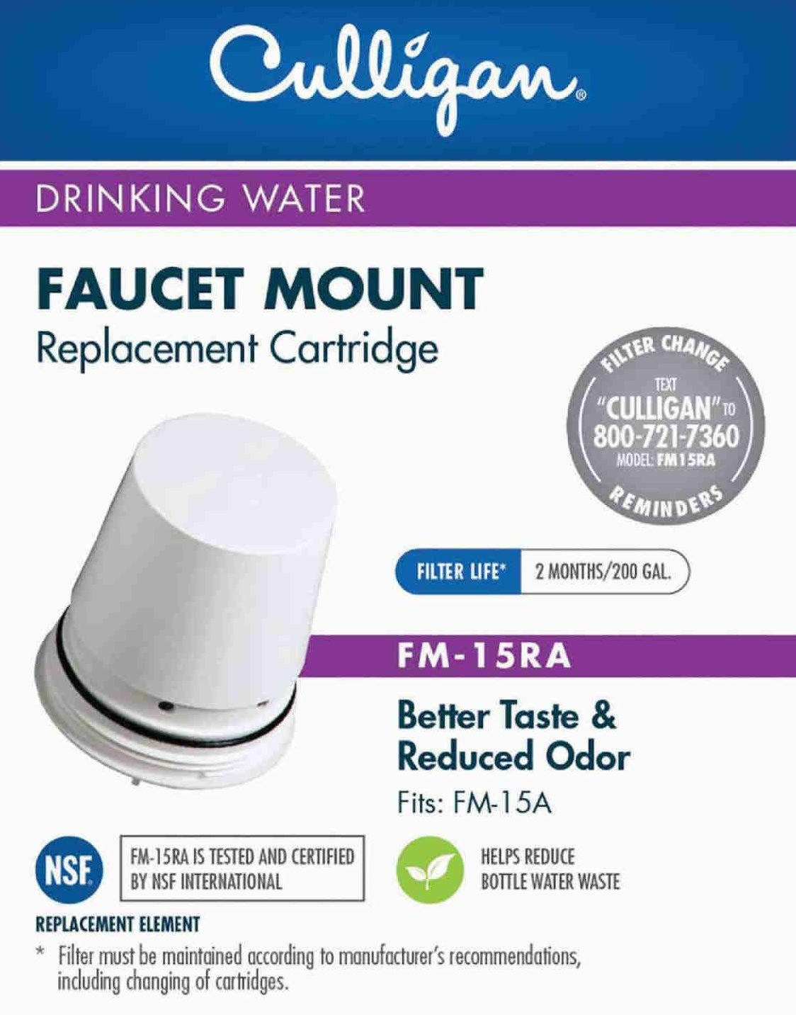 White Culligan faucet mount replacement cartridge designed to improve water taste and reduce odor for home use