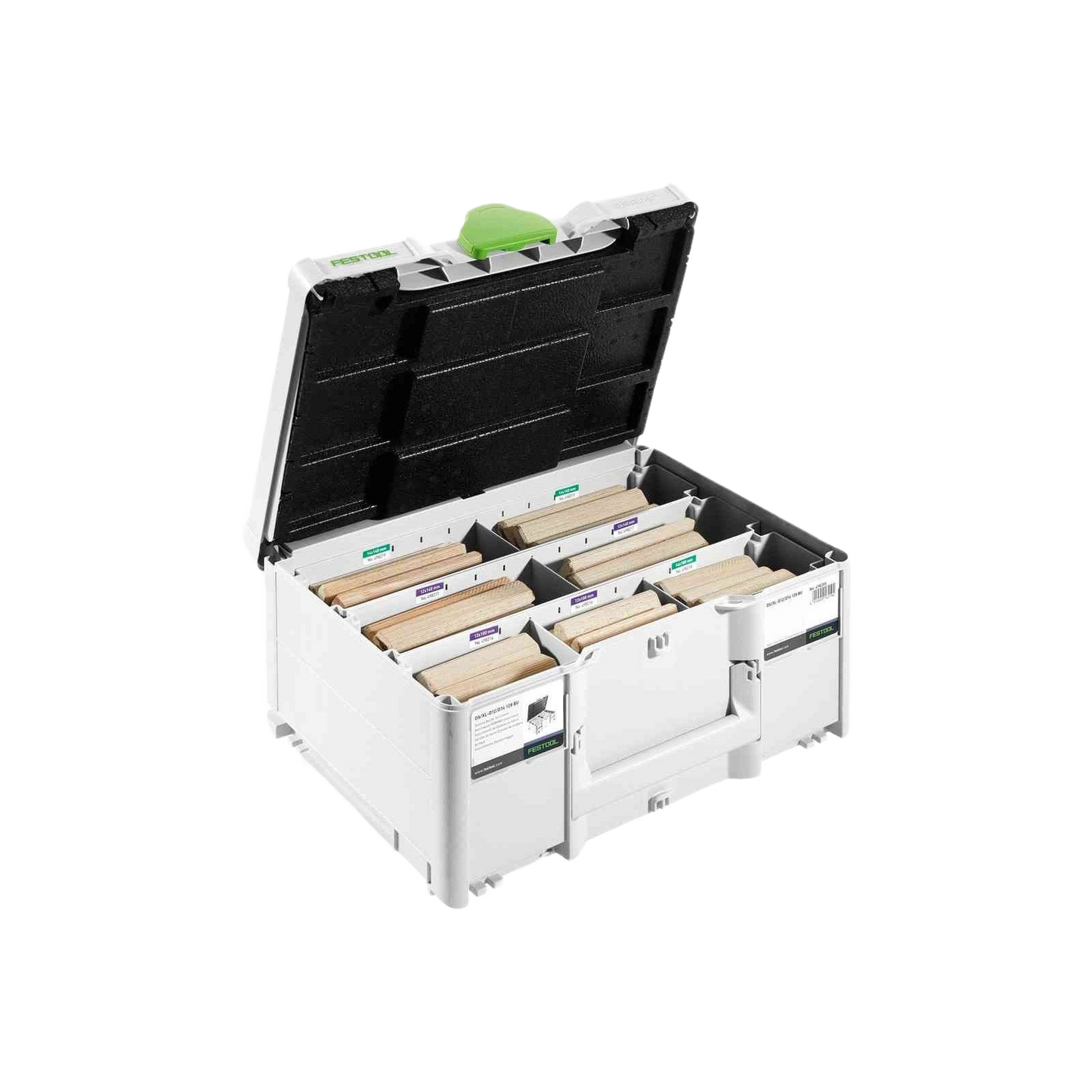 White and black toolbox with green latch organizing Festool woodworking tenons for workshop storage and tool organization