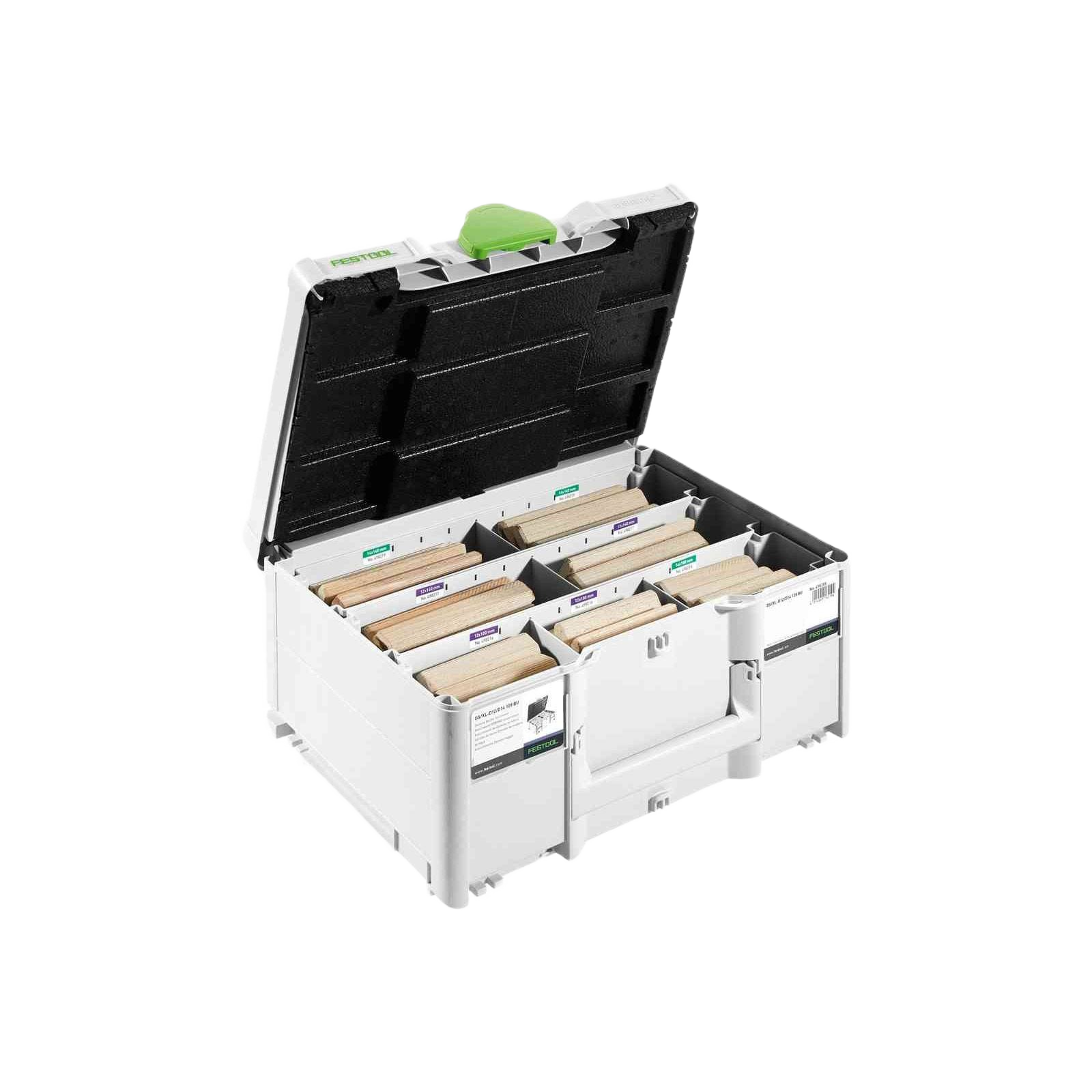 White and black toolbox with green latch organizing Festool woodworking tenons for workshop storage and tool organization