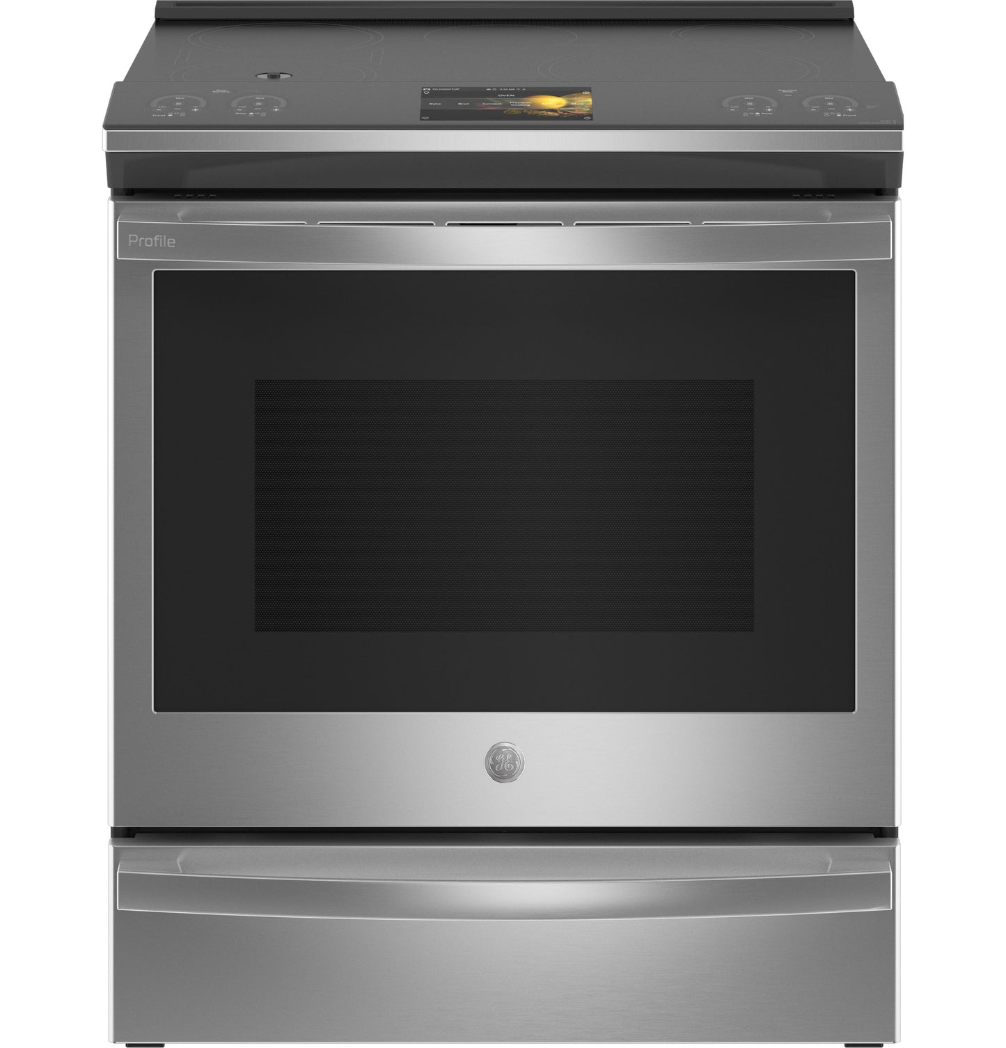Front view of stainless steel smart slide-in induction range with digital display in ranges and kitchen appliances collection
