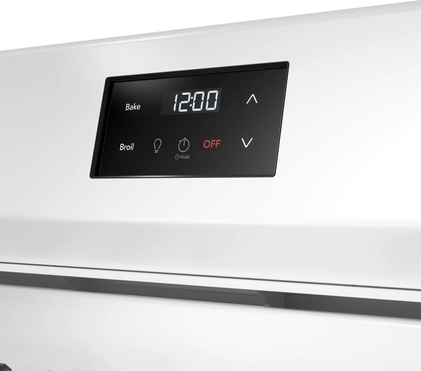 Digital control panel with timer and bake and broil settings on white kitchen appliance in ranges collection