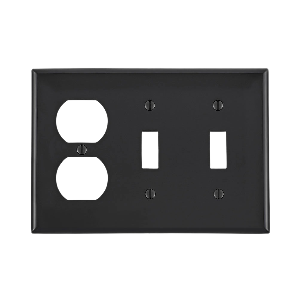 Black 3 gang wallplate with two toggle switch openings and one duplex outlet opening for home improvement use