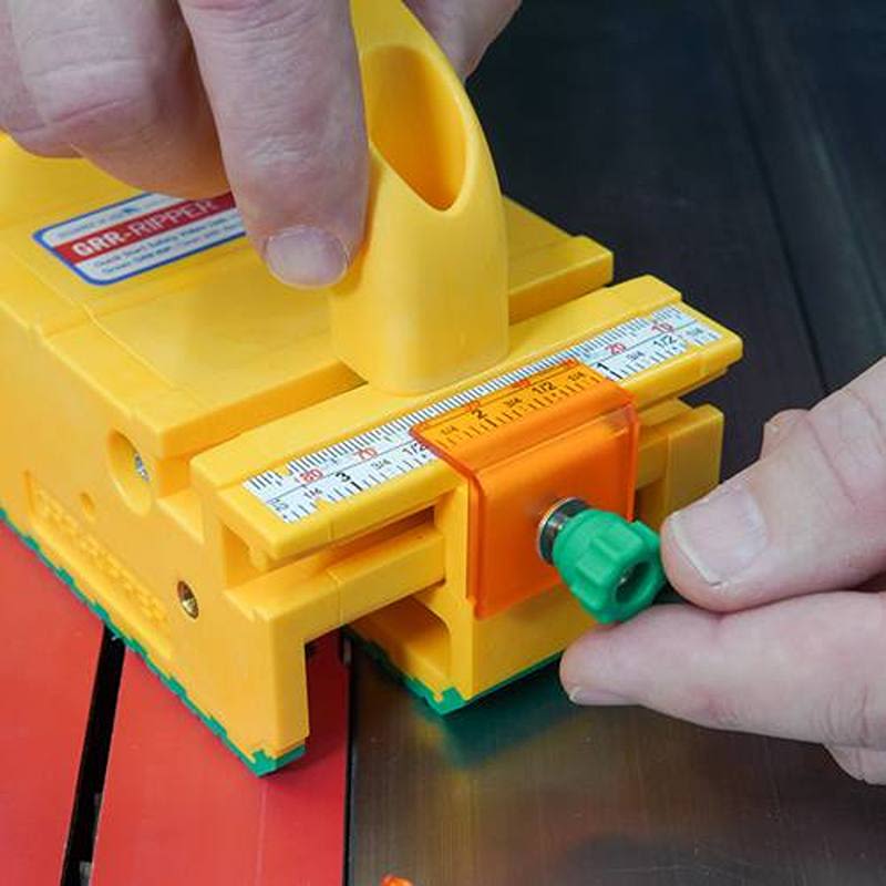 Yellow woodworking safety push block with adjustable measurement guide for precise cutting in saw accessories and tool collections