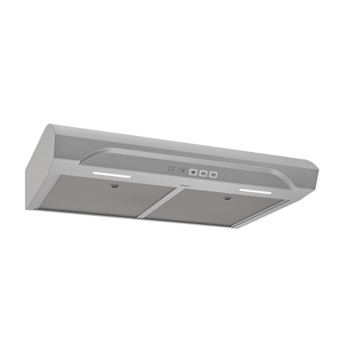 Stainless steel under-cabinet range hood with adjustable speed, LED lights, and dishwasher-safe filters from kitchen appliances collection
