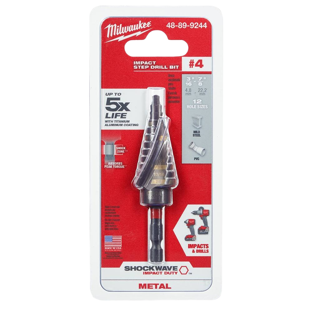 Step drill bit with titanium aluminum coating and shock absorption for durable metal drilling in home improvement projects