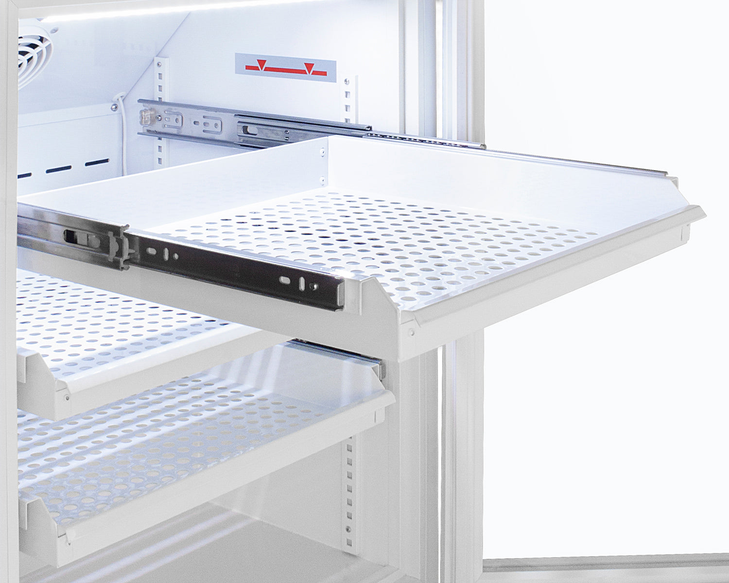 Removable perforated metal drawer extended from white interior of upright vaccine refrigerator in Appliances collection