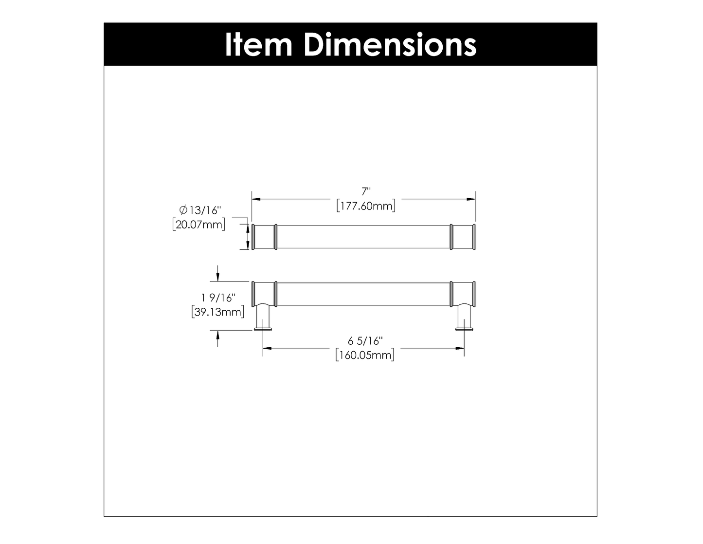 Technical diagram showing dimensions of a cabinet pull with clear acrylic and satin nickel hardware details.