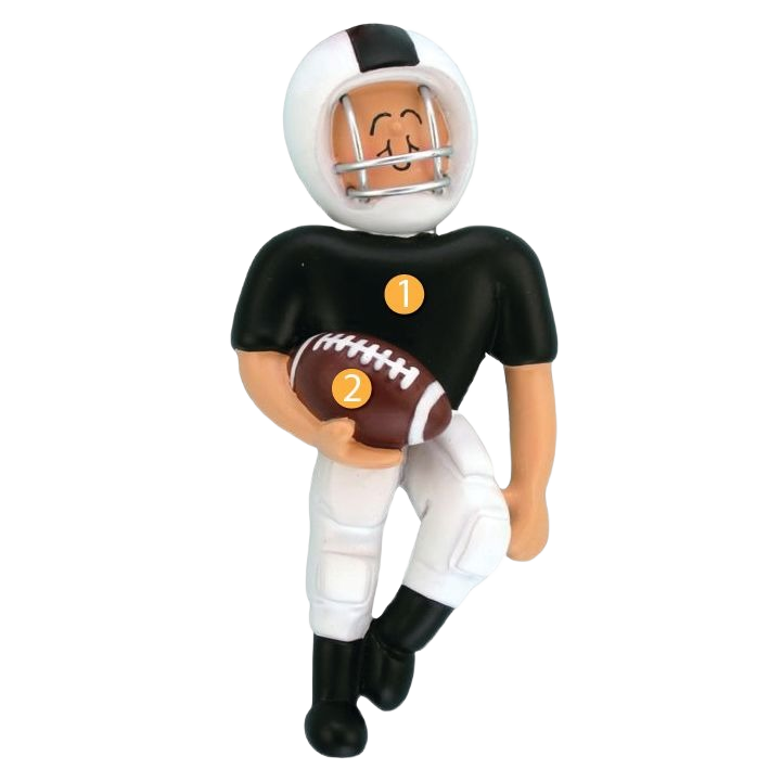 Personalized male football player ornament in black and white uniform holding ball for Christmas décor under $50 collection