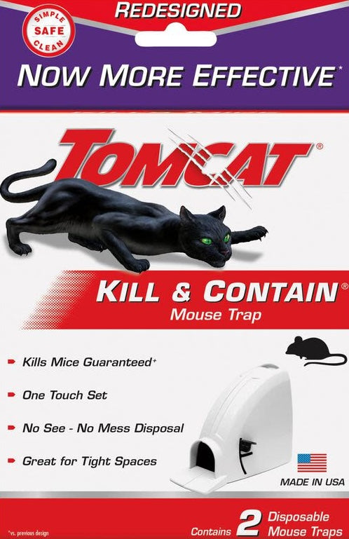 Packaging of Tomcat Kill & Contain mouse traps with black cat graphic and features for pest control and home improvement.