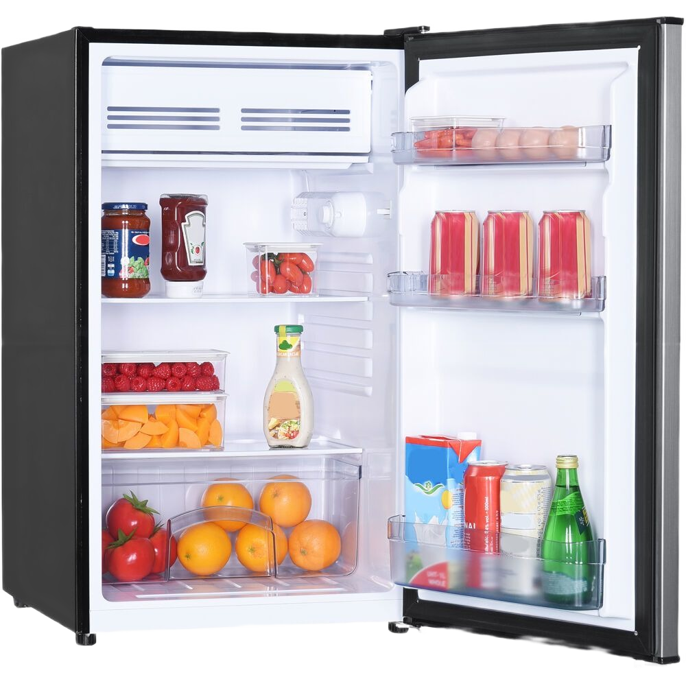 Compact black refrigerator with open door showing full-width freezer and adjustable shelves in kitchen and appliances collection