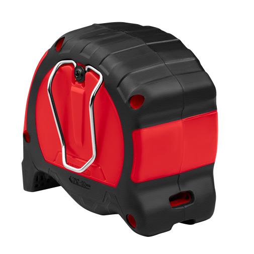 Durable red and black tape measure with metal clip, featuring wear-resistant blade for woodworking and measuring tools collections