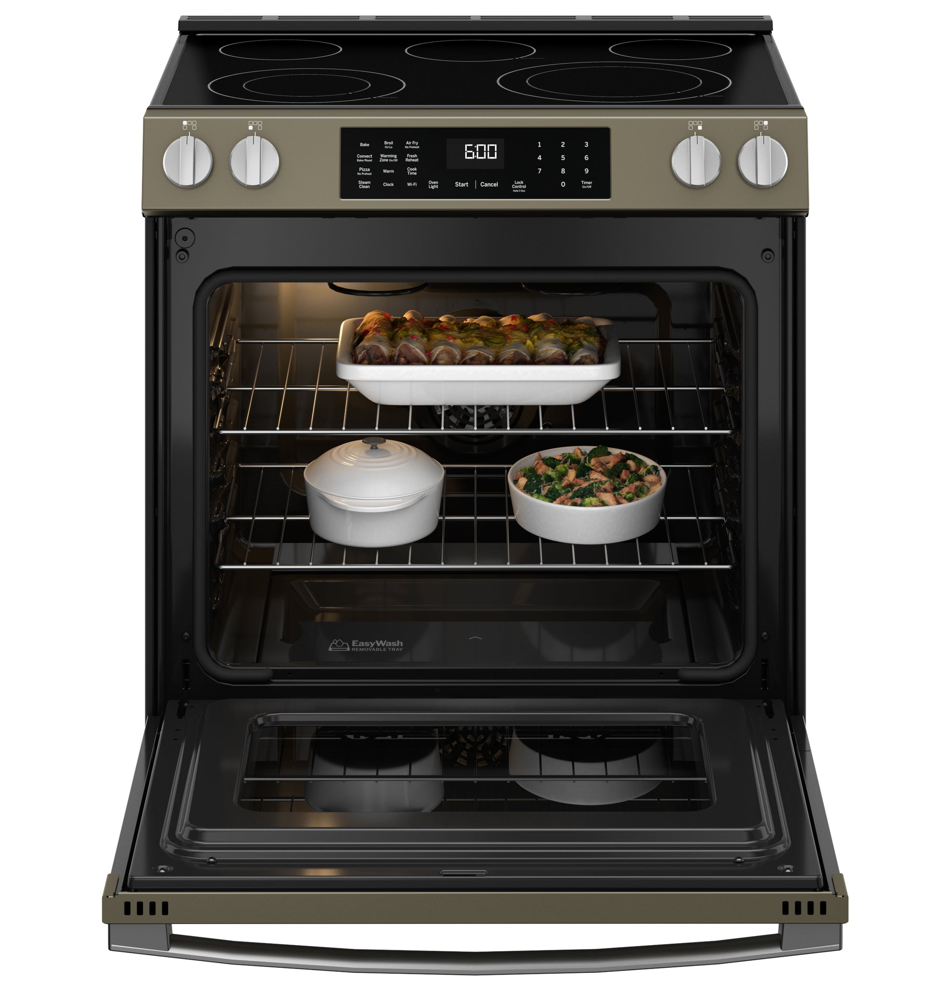 Open view of a slide-in electric convection range with oven light on and dishes cooking inside for kitchen appliances collection