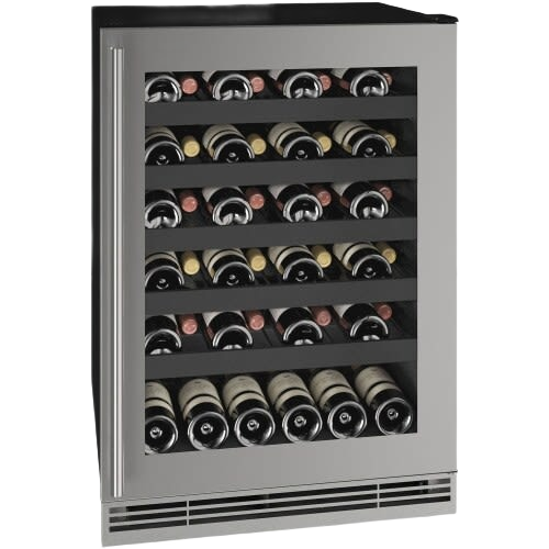 Stainless steel wine refrigerator with glass door, five shelves storing bottles, from kitchen appliances collection