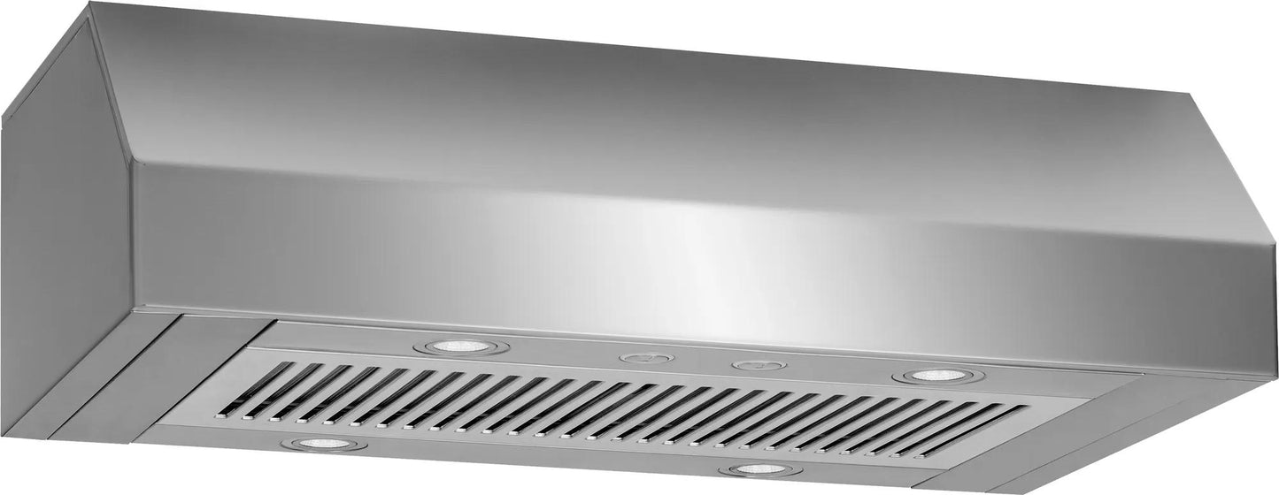 Stainless steel 36-inch under cabinet range hood with vent and built-in lights in kitchen appliances collection