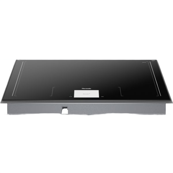 Dark gray surface mount induction cooktop with digital touch controls and sapphire glow LED lighting from Thermador Appliances collection