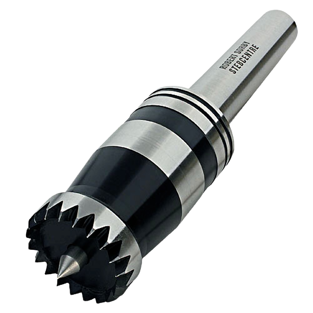 Silver and black revolving stebcentre tool with pointed tip and serrated collar for woodturning use