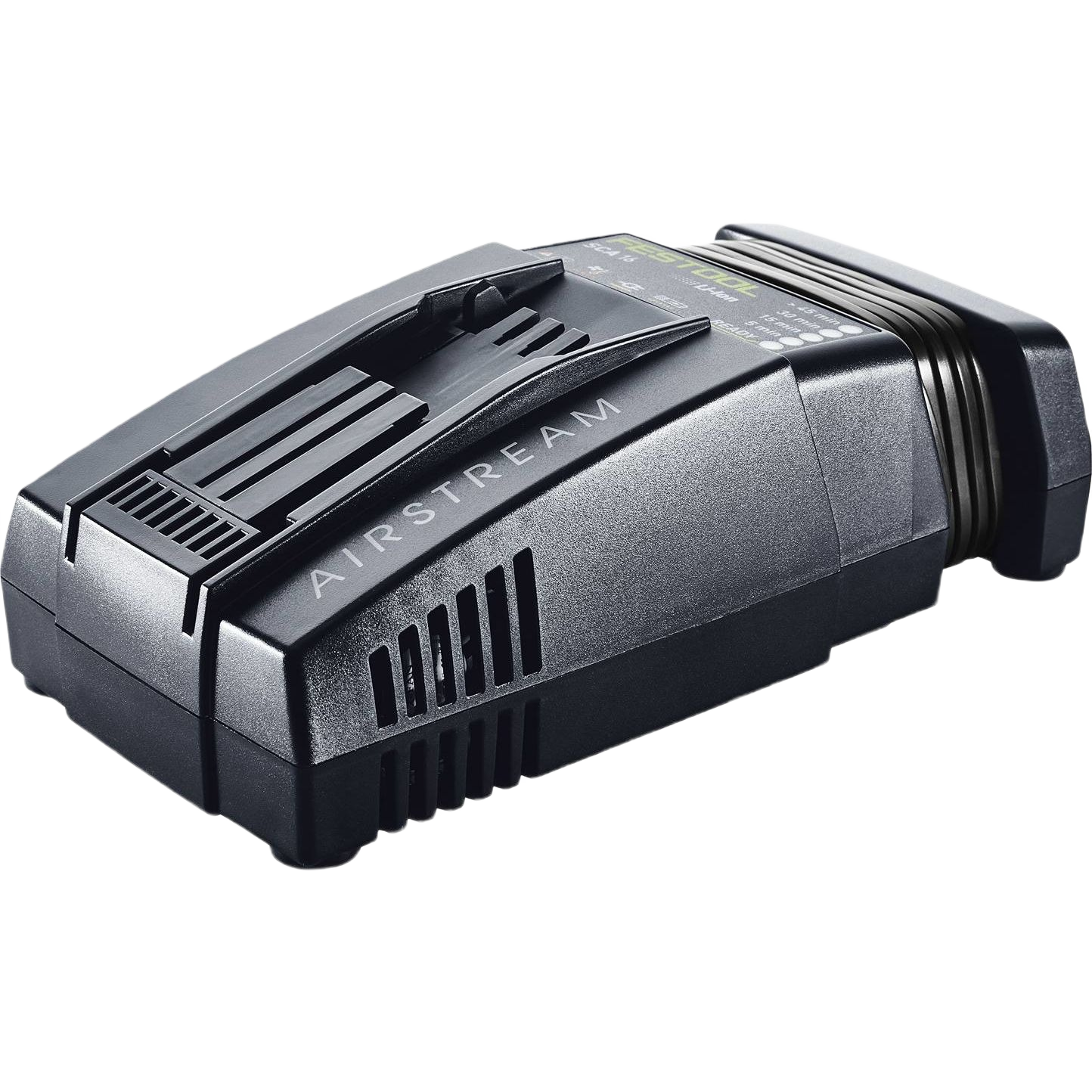 Compact black rapid charger with ventilation slots and integrated power cord for tools and home improvement projects