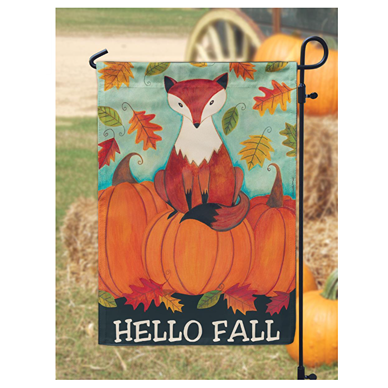 Outdoor fall garden flag with fox and pumpkins in seasonal decor under $50 collection