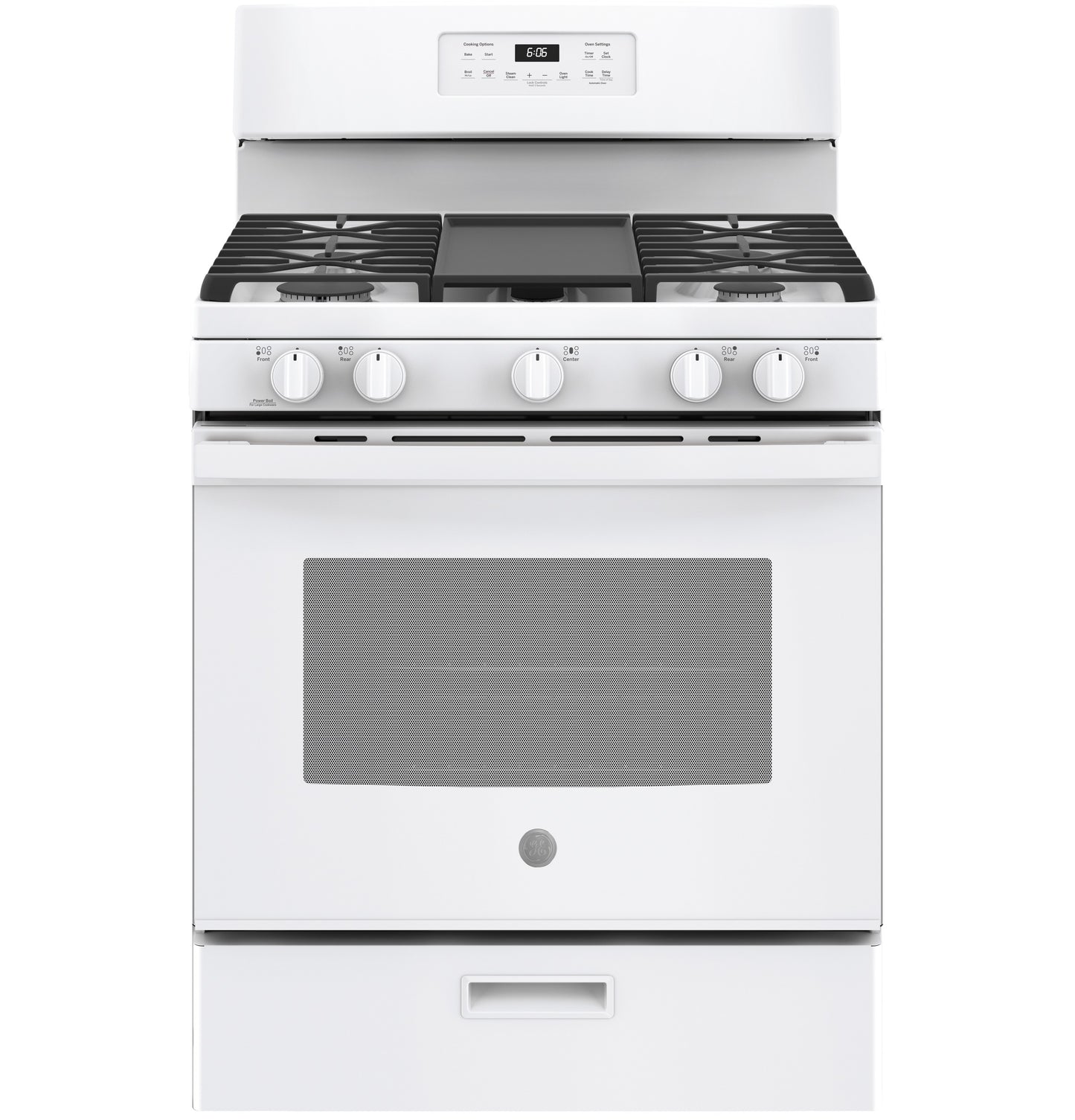 White free-standing gas range with five control knobs and digital clock display in kitchen appliances and home improvement collection