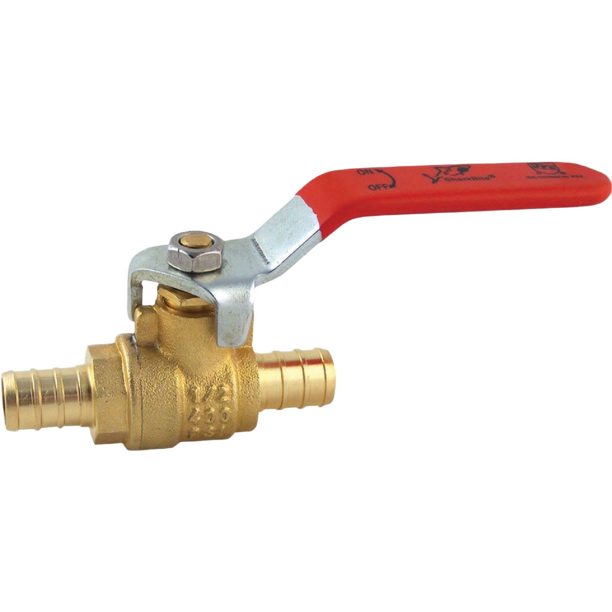Brass ball valve with red lever handle and barbed PEX connections for plumbing and pipes & fittings collections under $50